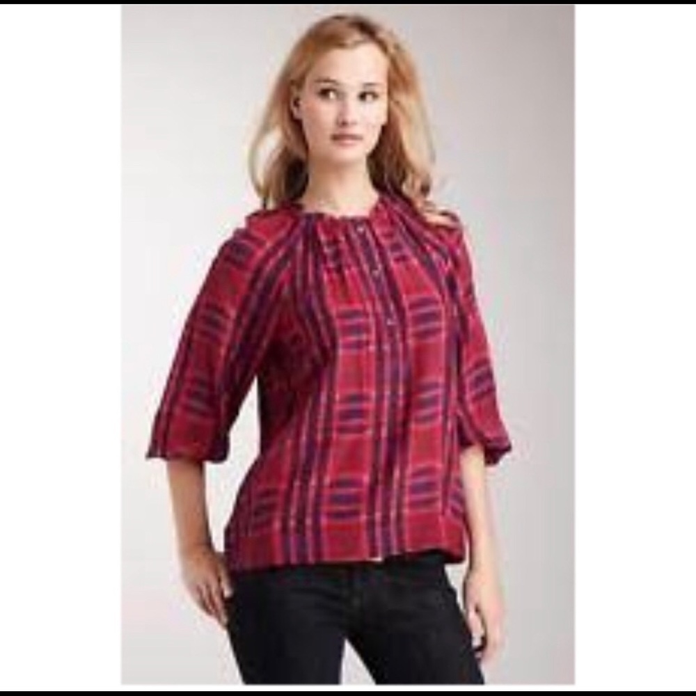 BCBGMaxAzria Pink and Navy Plaid Silk Blouse